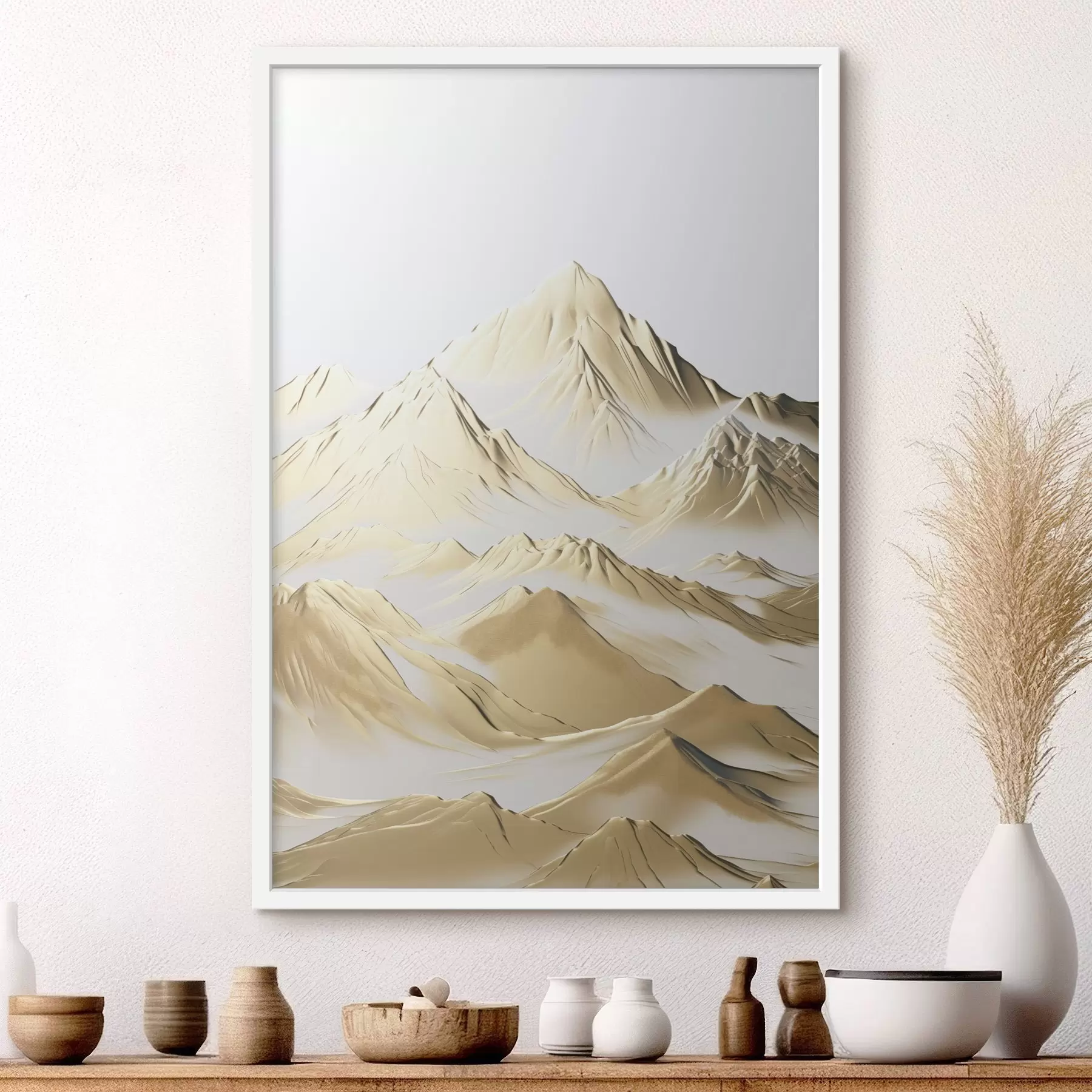 Fototapetes Dzeltena, sniega klāta kalnu ainava ar asiem virsotnēm un dziļām ielejām zem gaiša debesu velves f47421