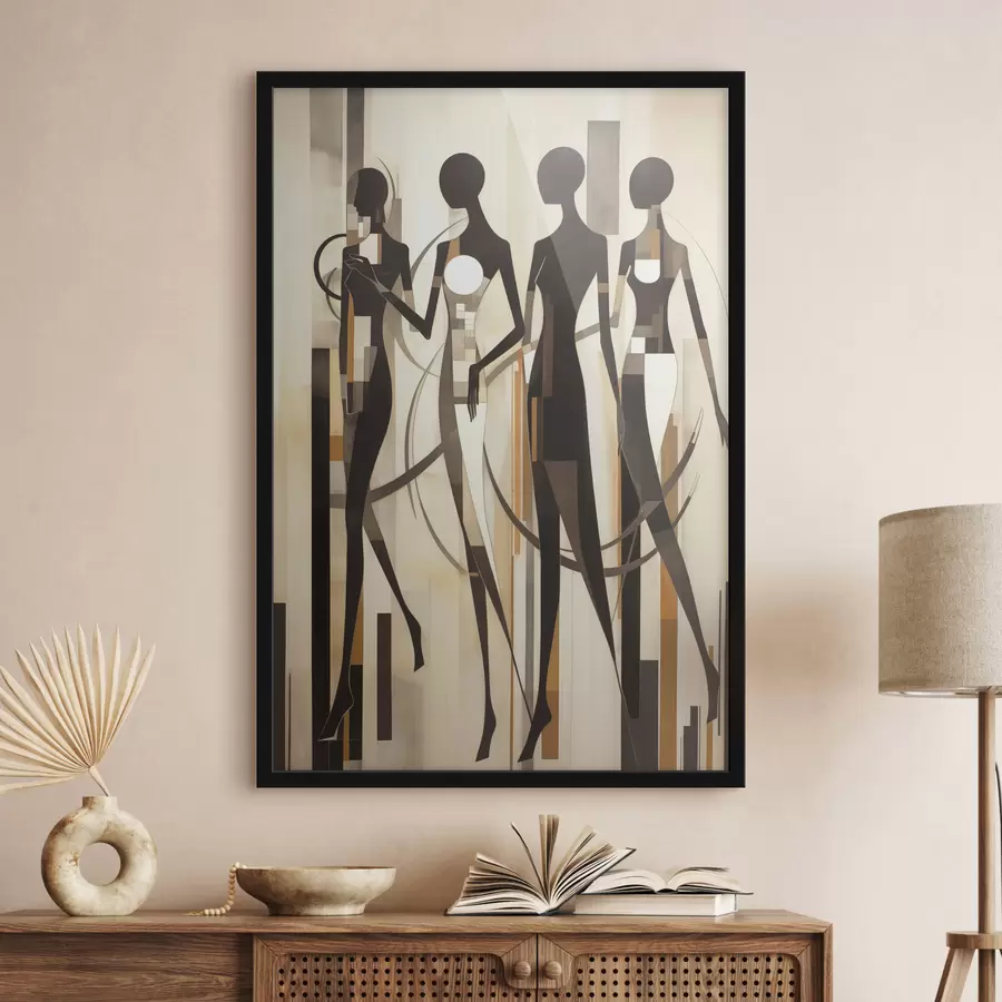 Fototapetes Stilizētas sieviešu figūras ar ģeometriskiem elementiem uz abstraktā vertikālo līniju fona f47423