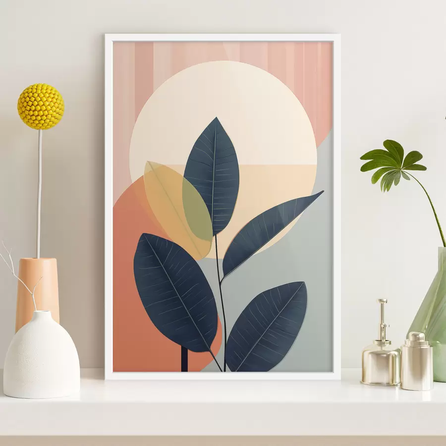 Fototapetes Tumšas lapas uz abstraktu figūru fona persiku un pelēkā krāsā ar lielu, gaiši dzeltenu apli f47424