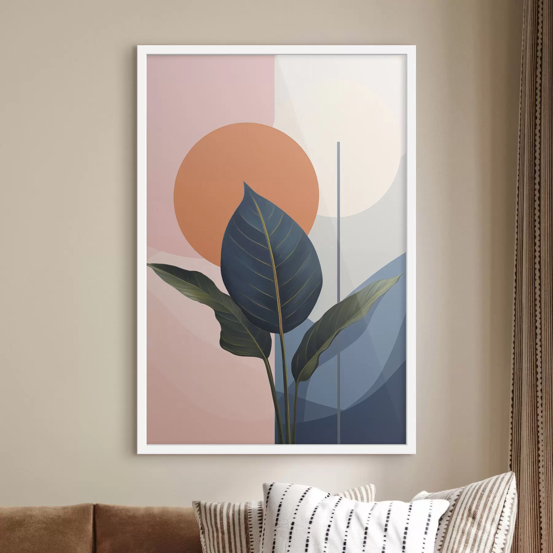 Fototapetes Tumšas lapas uz abstraktu figūru fona persiku un pelēkā krāsā ar oranžu apli f47425