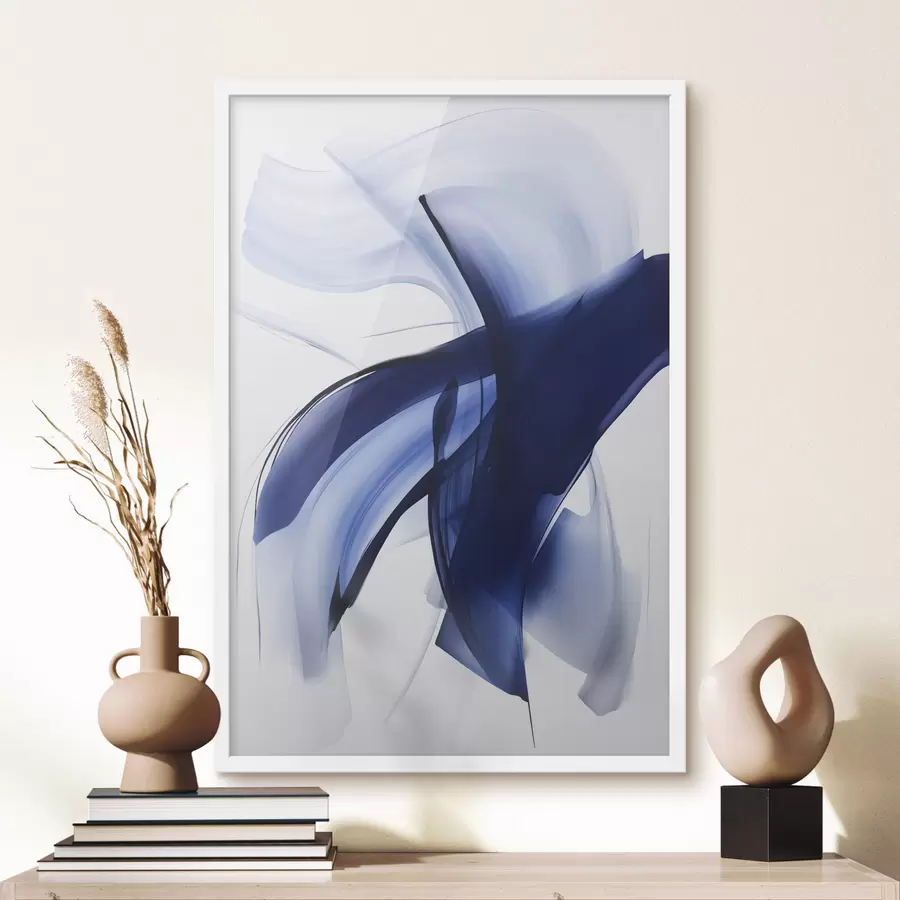 Fototapetes Abstraktas zilas, otu triepienu līdzīgas formas ar plūstošām līnijām un izliekumiem uz balta fona, modernā māksla f47429