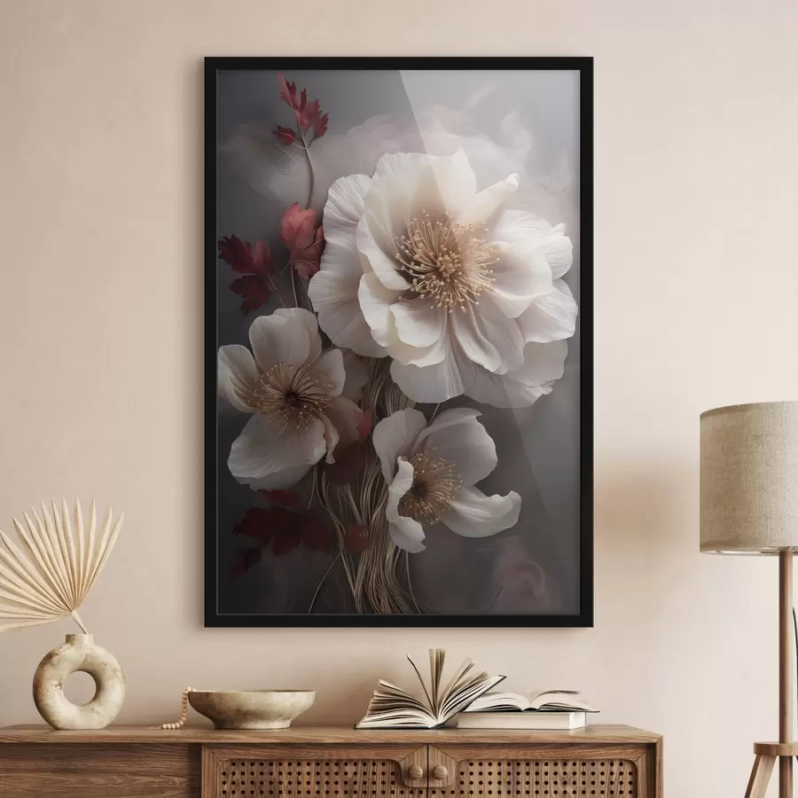 Fototapetes Delikātas peonijas ar plānām, plūstošām ziedlapām, apņemtas ar tumši sarkanām lapām uz abstraktā fona f47434