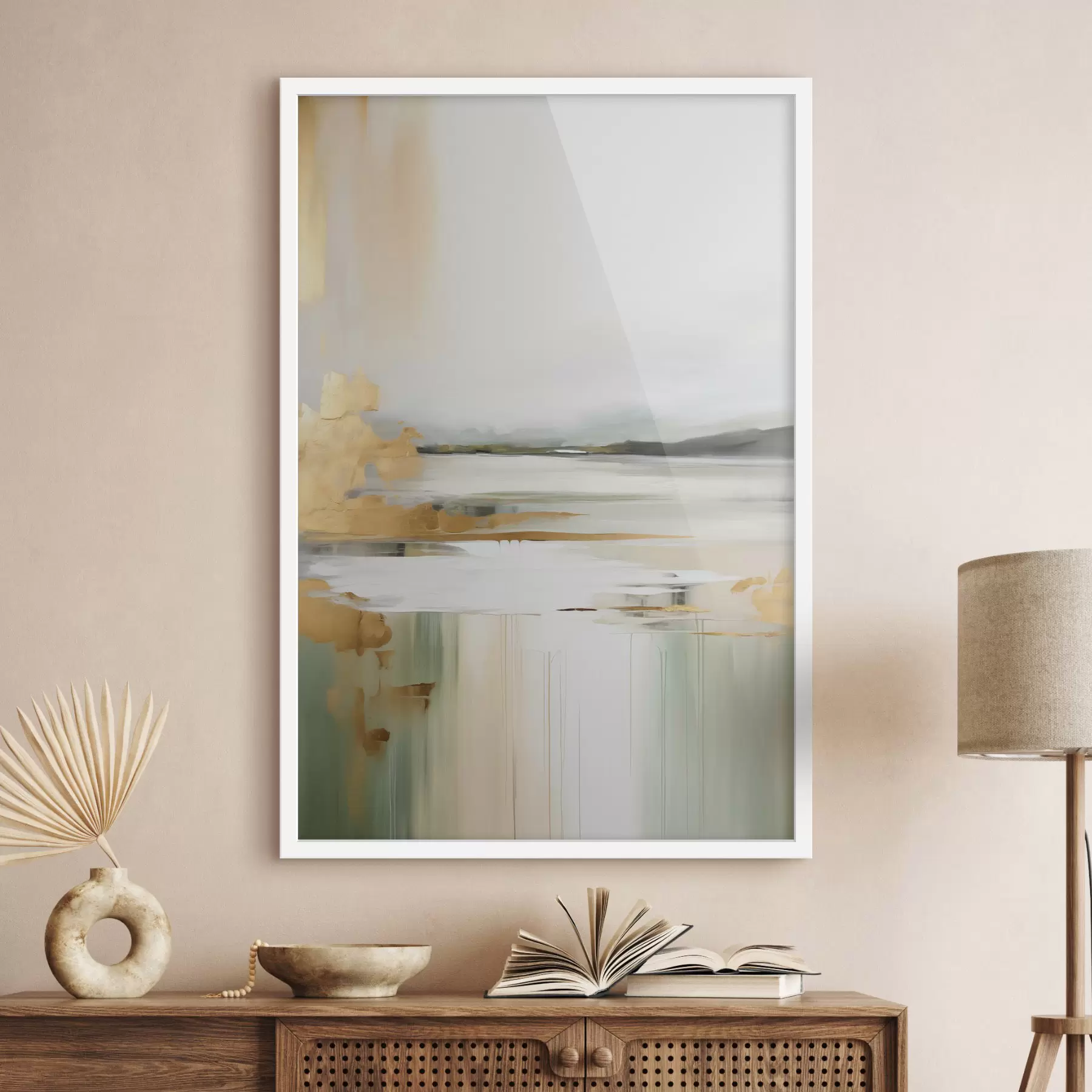 Fototapetes Abstrakts ainavas ar dzelteniem un zaļiem toņiem, ūdens, kas atspoguļo debesis un tālas kalnus, bāls, miglains debesis f47438