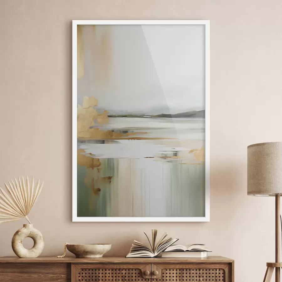 Fototapetes Abstrakts ainavas ar dzelteniem un zaļiem toņiem, ūdens, kas atspoguļo debesis un tālas kalnus, bāls, miglains debesis f47438