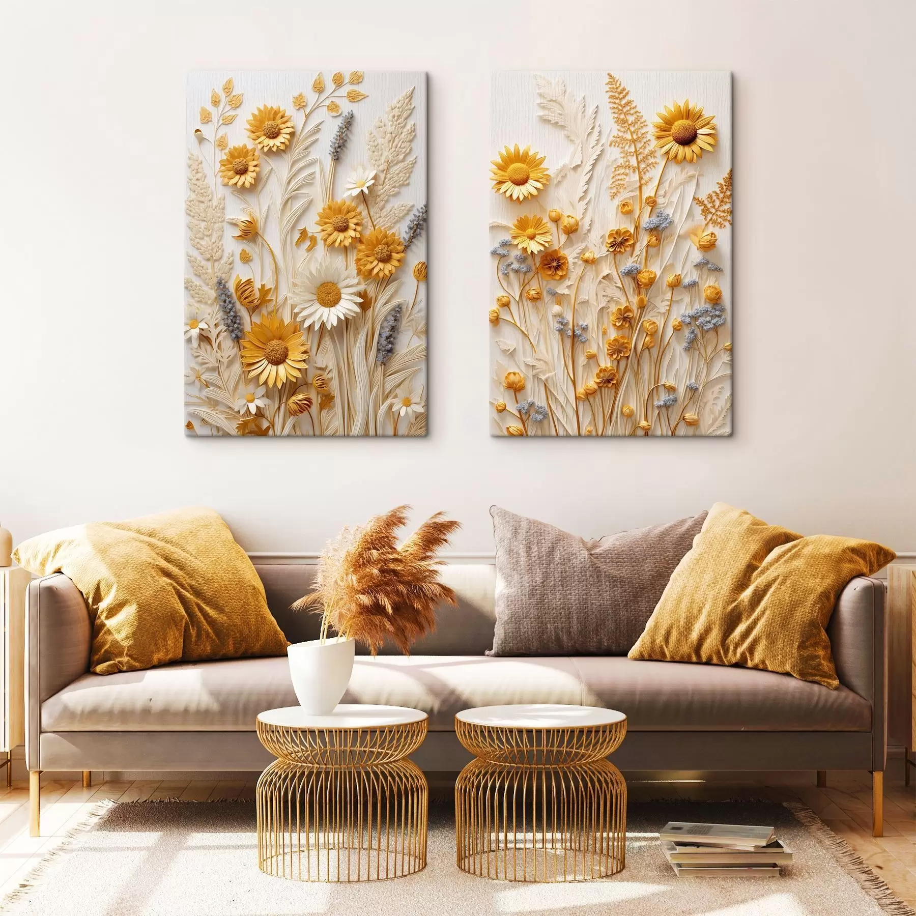 Glezna Teksturēta dzelteno un balto margarīšu kolekcija ar žāvētiem zāles stiebriem un lavandas zariņiem uz balta fona m01241