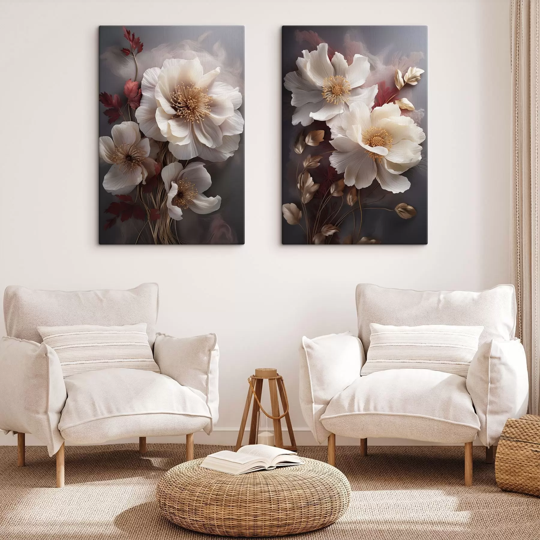 Glezna Delikātas peonijas ar plānām, plūstošām ziedlapām, apņemtas ar tumši sarkanām un dzeltenām lapām uz abstraktā fona m01243
