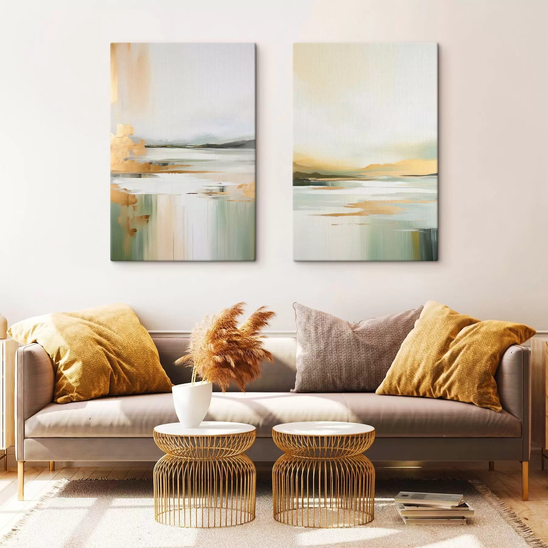 Glezna Abstrakts ainavas ar dzelteniem un zaļiem toņiem, ūdens, kas atspoguļo debesis un tālas kalnus, bāls, miglains debesis m01245