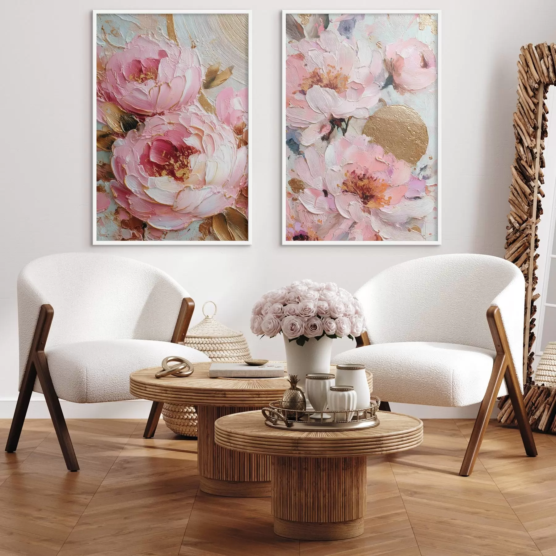 Fototapetes Volumetriska impasto glezniecība ar rozā peonijām un fakturētām detaļām d00573