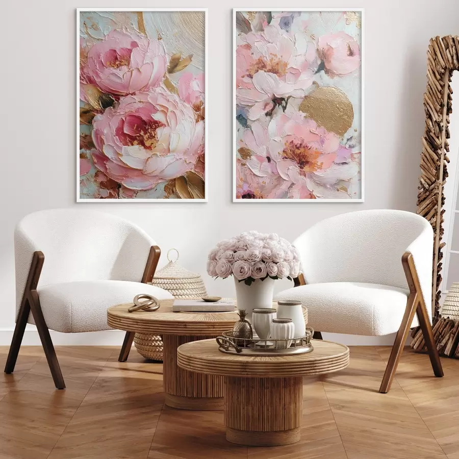 Fototapetes Volumetriska impasto glezniecība ar rozā peonijām un fakturētām detaļām d00573