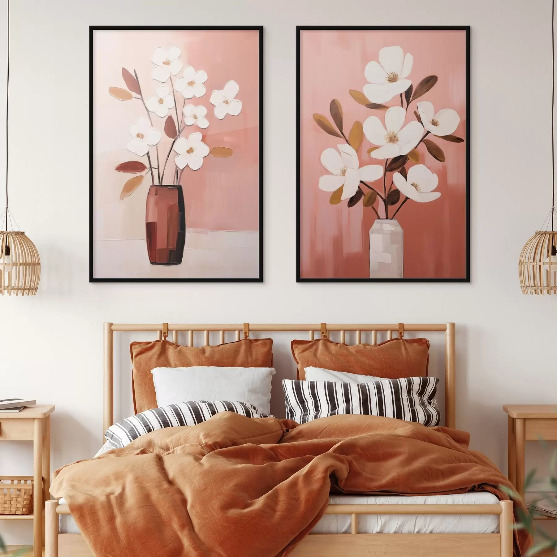 Fototapetes Kompozīcija ar kontrastējošām vāzēm un fakturētiem baltiem ziediem d00575