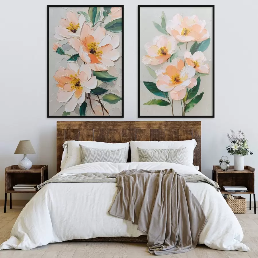 Fototapetes Impasta stila glezna, kurā apvienots liels pušķis un atsevišķi ziedi d00579