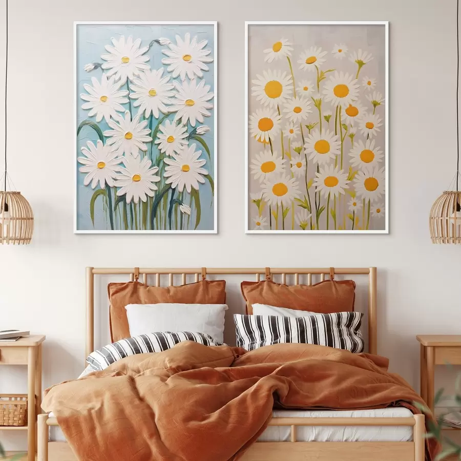 Fototapetes Pavasara svaigums: diptihs ar apjomīgām margrietiņām impasto stilā d00633