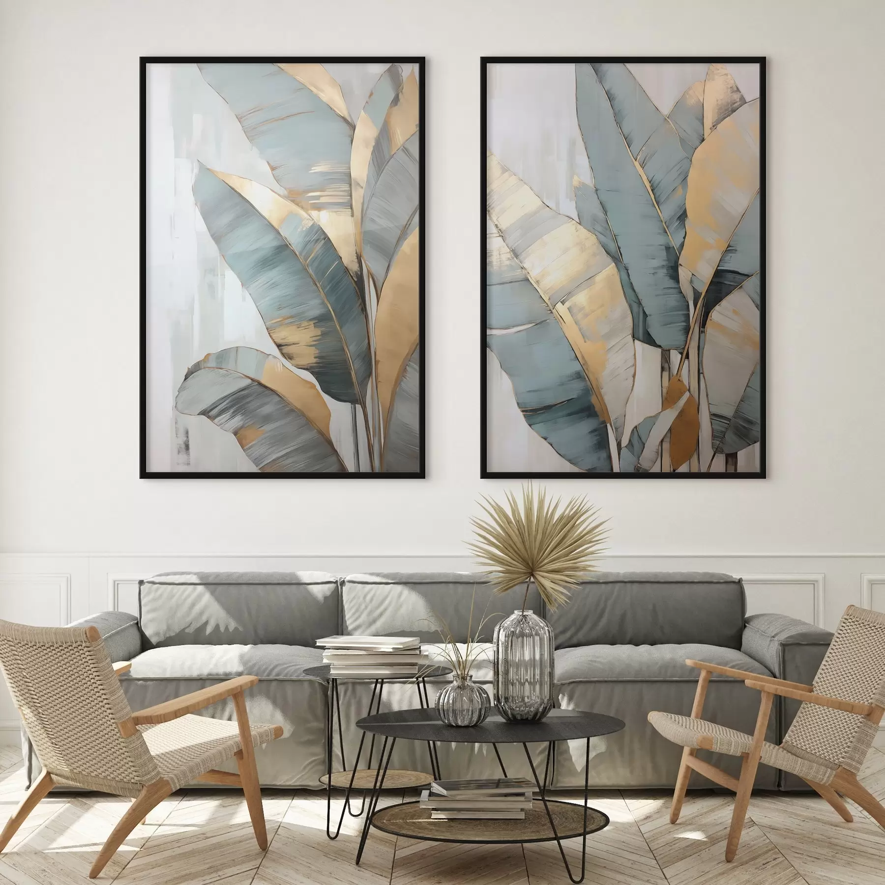 Fototapetes Matu zilu, pelēku un dzeltenu banānu lapu komplekts ar redzamiem triepieniem ar otu baltā abstraktā fonā d00645