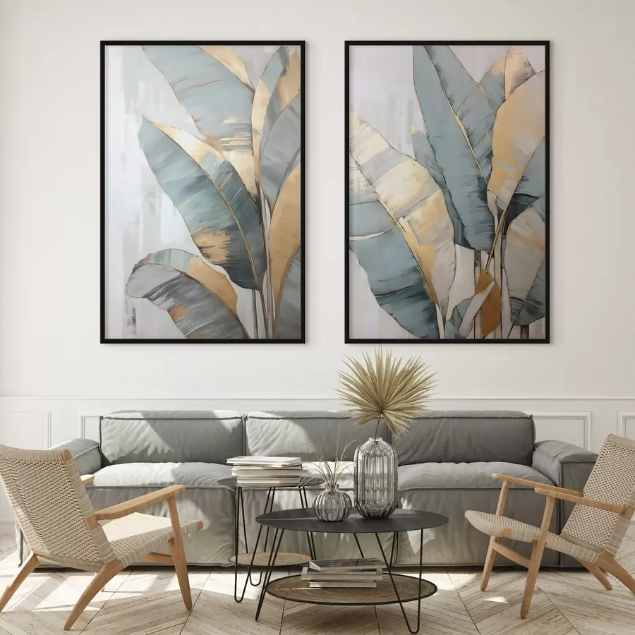 Fototapetes Matu zilu, pelēku un dzeltenu banānu lapu komplekts ar redzamiem triepieniem ar otu baltā abstraktā fonā d00645