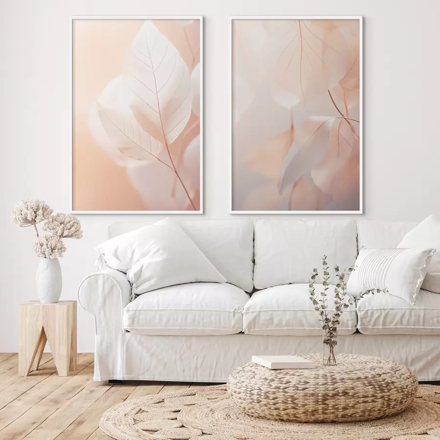 Fototapetes Puscaurspīdīgu lapu tuvplāns ar maigām dzīslām, maiga persiku un balta krāsu palete, neskaidrs fons d00647