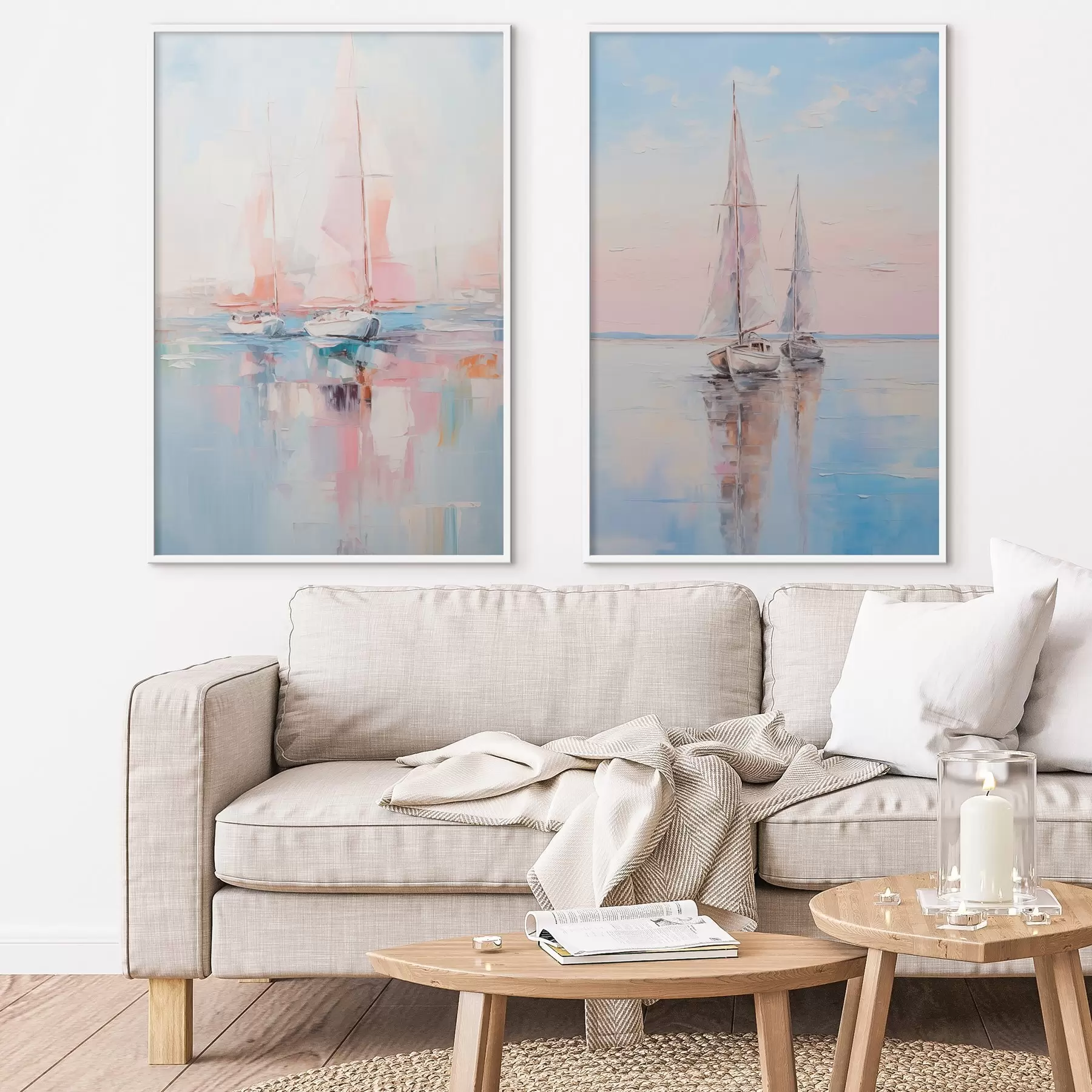 Fototapetes Buru laivas ar rozā burām peld mierīgā jūrā, laivu atspulgi ūdenī, maigas pasteļkrāsas d00648