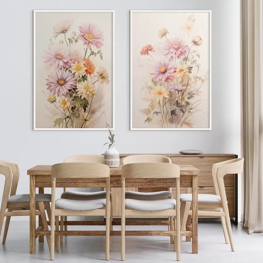 Fototapetes Krāsainu ziedu pušķis, mīksts akvareļu stils, uz gaiša fona, botāniska ilustrācija d00649