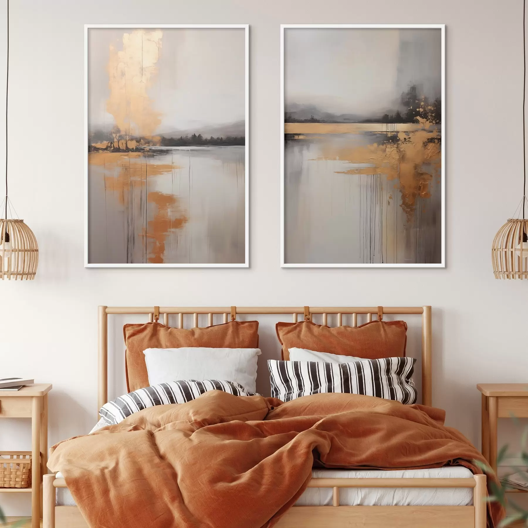 Fototapetes Abstrakta ainava ar ezeru, koku un dzeltenu miglu , ūdens atspoguļo un mākoņainas debesis d00657