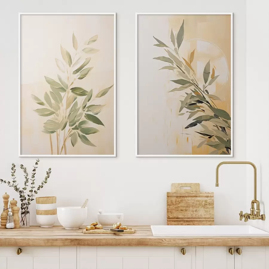 Fototapetes Botāniskais zars ar zaļām lapām uz silta fona d00686