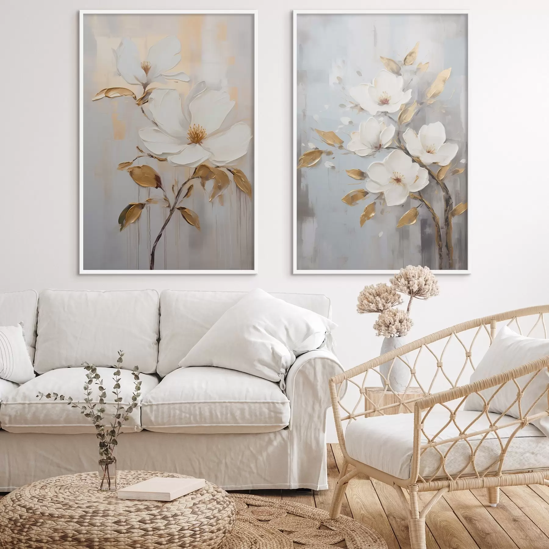 Fototapetes Divi balti ziedi ar dzeltenīgi oranžām lapām uz gaiša fona d00687