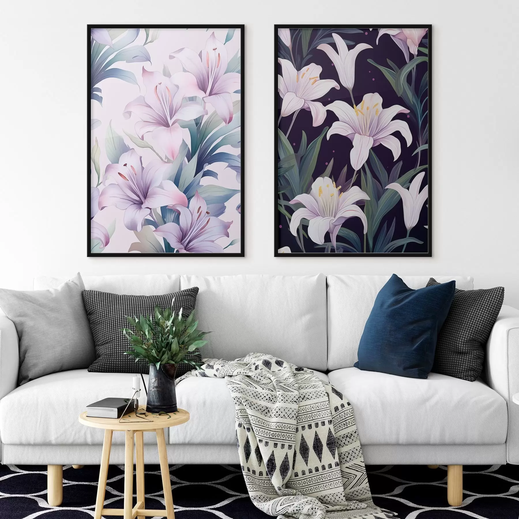 Fototapetes Maigi rozā lilijas ar zaļām lapām uz gaiša un tumša fona d00689