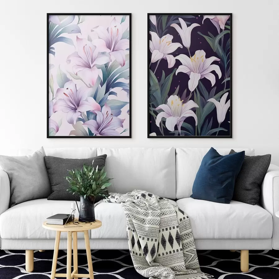 Fototapetes Maigi rozā lilijas ar zaļām lapām uz gaiša un tumša fona d00689