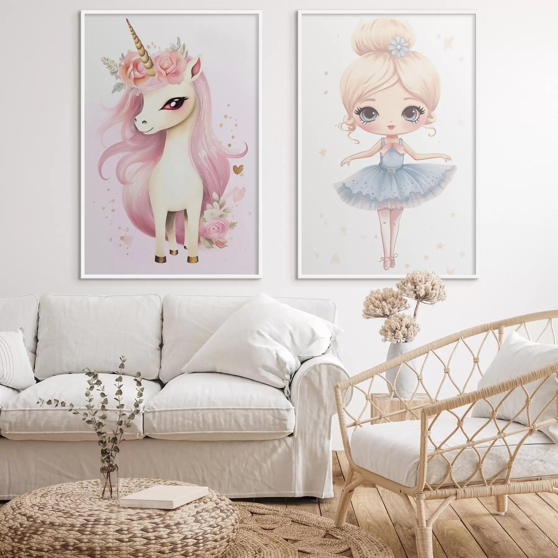 Fototapetes Lelle balerīna zilā kleitā un vienradzis ar rozā krēpi d00692