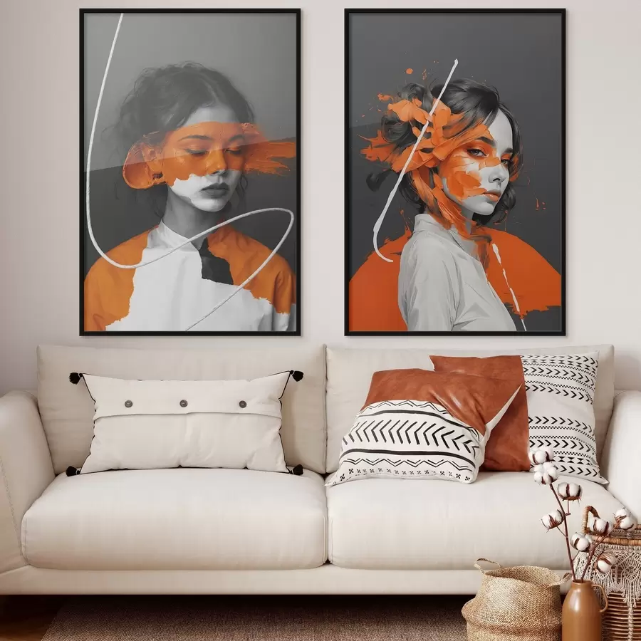 Fototapetes Meiteņu portreti ar abstraktiem oranžas krāsas otas triepieniem d00693