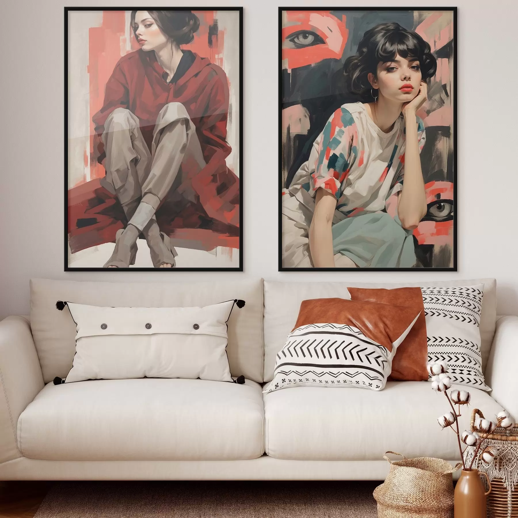 Fototapetes Meiteņu portreti sarkanā un bēšā abstraktā stilā d00695