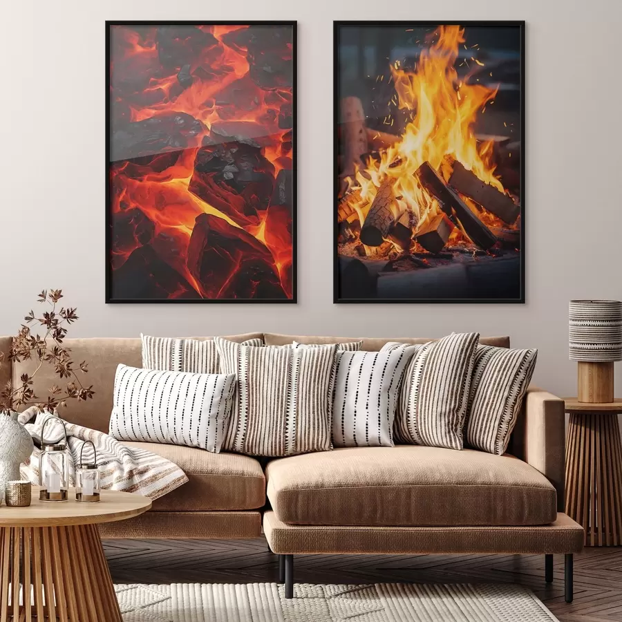 Fototapetes Degošas ogles un liesmojoša uguns tumsā d00696