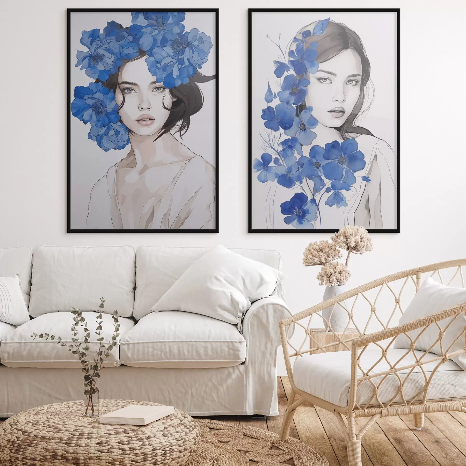 Fototapetes Meitenes portrets ar ziliem ziediem d00721