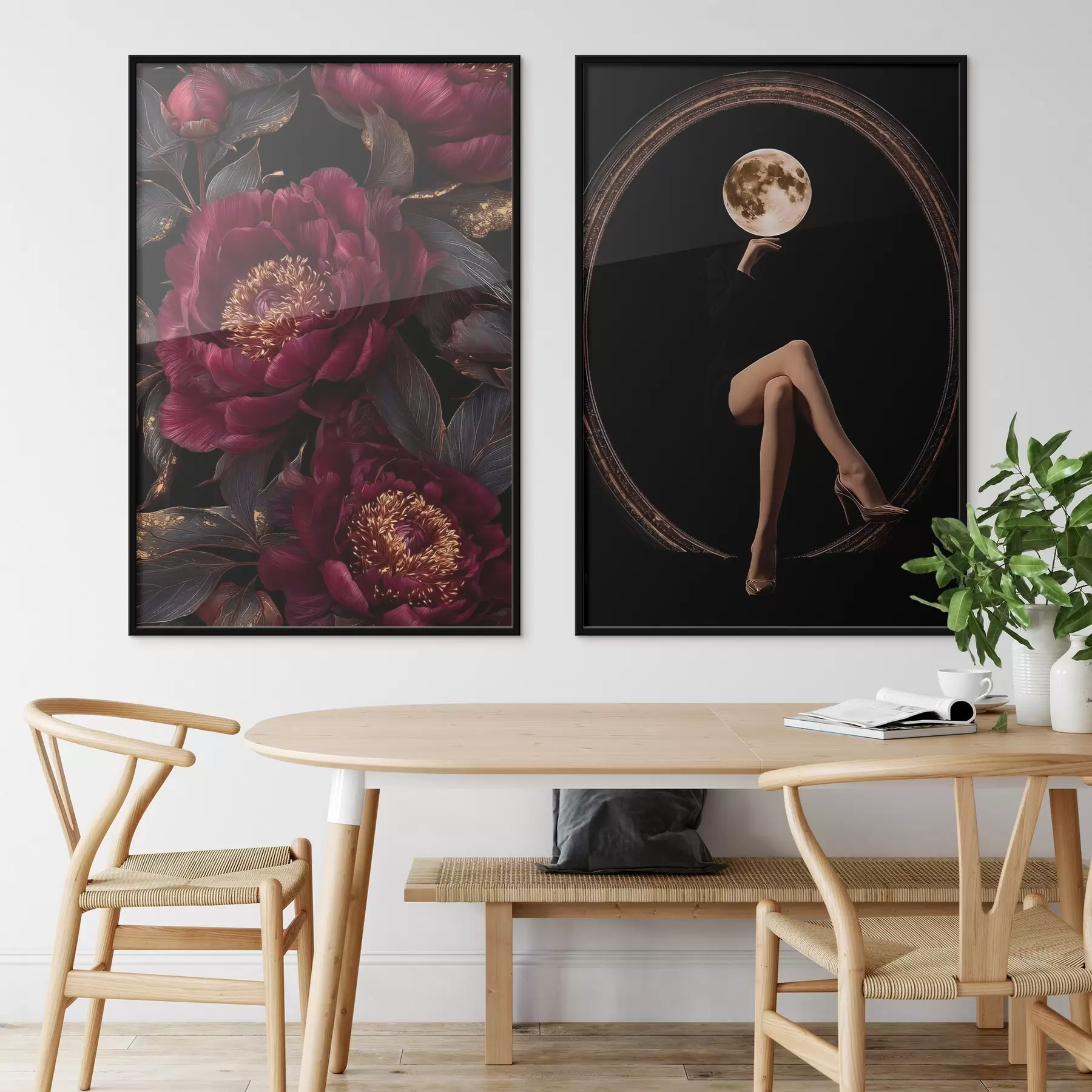 Fototapetes Burgundijas peonijas un mēness galvas siluets uz melna fona d00765