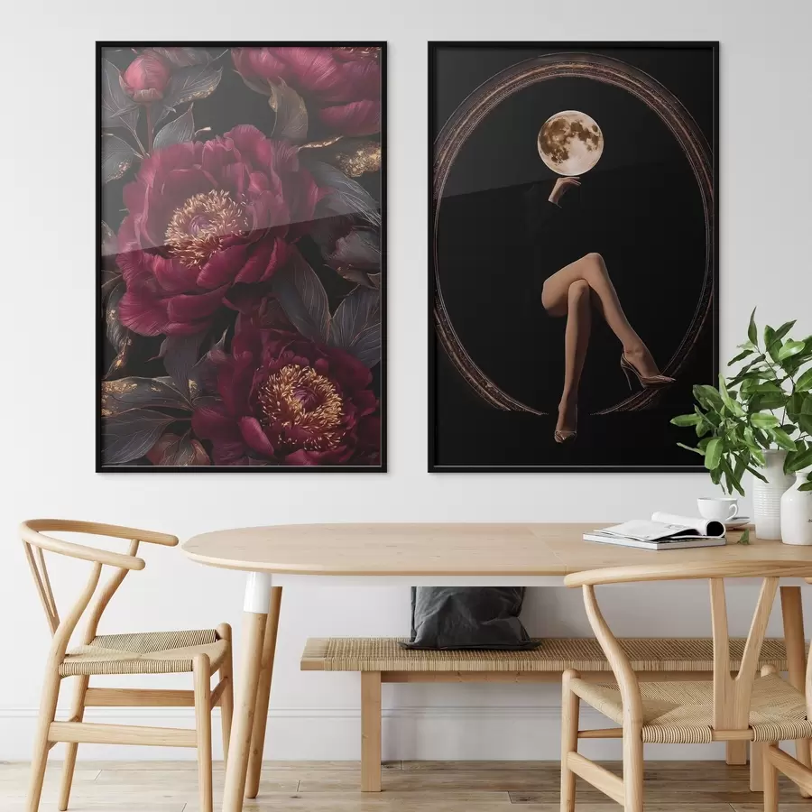 Fototapetes Burgundijas peonijas un mēness galvas siluets uz melna fona d00765