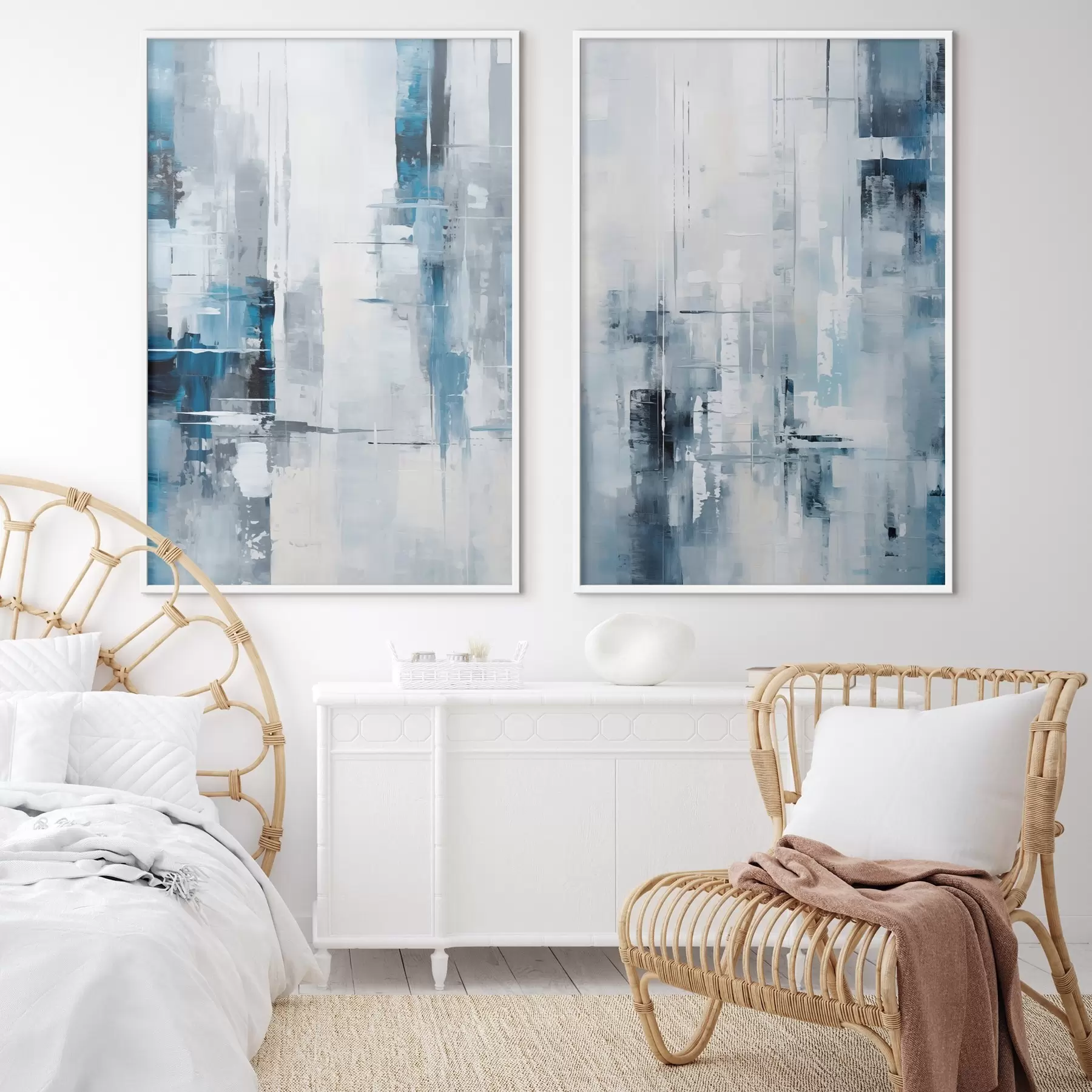 Fototapetes Abstrakta glezna, kurā izmantotas zilas, pelēkas un baltas krāsas, vertikālas līnijas un ģeometriskas formas d00819