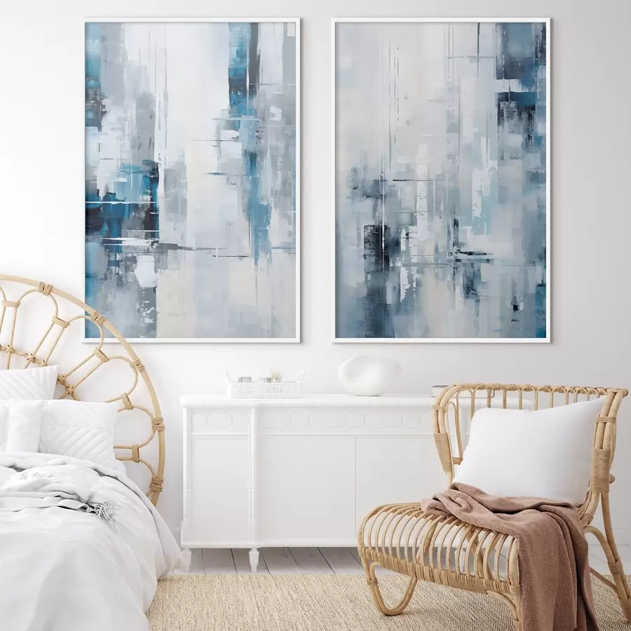 Fototapetes Abstrakta glezna, kurā izmantotas zilas, pelēkas un baltas krāsas, vertikālas līnijas un ģeometriskas formas d00819