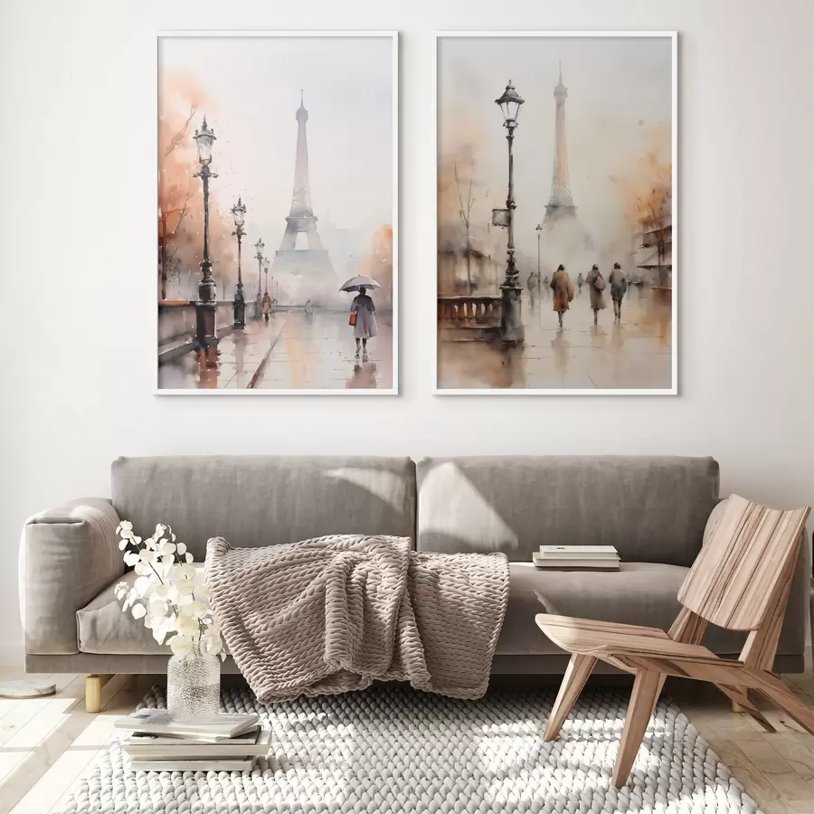 Fototapetes Lietaina rudens diena Parīzē ar Eifeļa torni fonā un vintage ielu laternām d00821