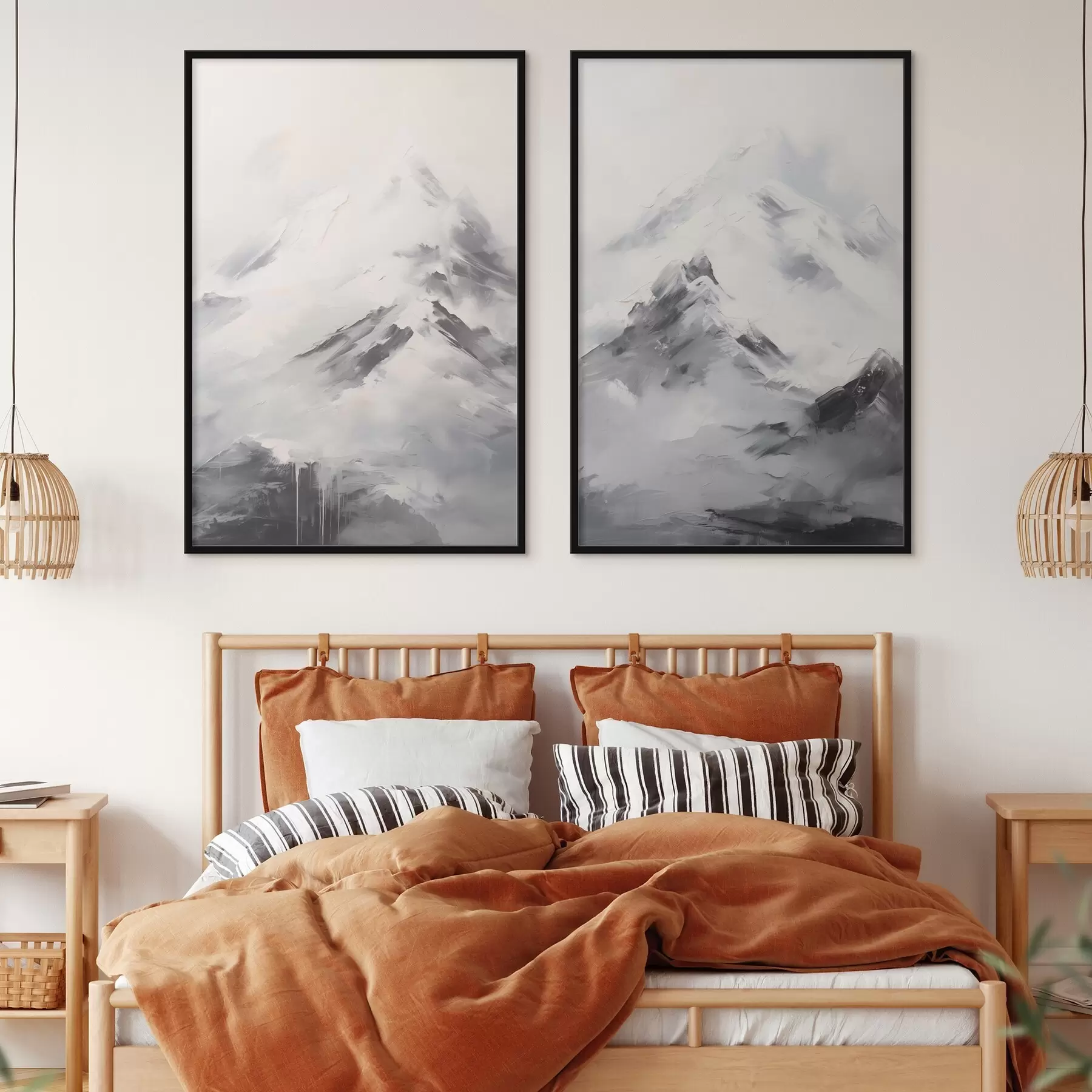 Fototapetes Sniegotas kalnu virsotnes ar pelēkiem ēnām, pelēks debesis, otas triepieni, teksturēts, minimālisma stils d00822