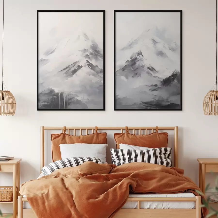 Fototapetes Sniegotas kalnu virsotnes ar pelēkiem ēnām, pelēks debesis, otas triepieni, teksturēts, minimālisma stils d00822