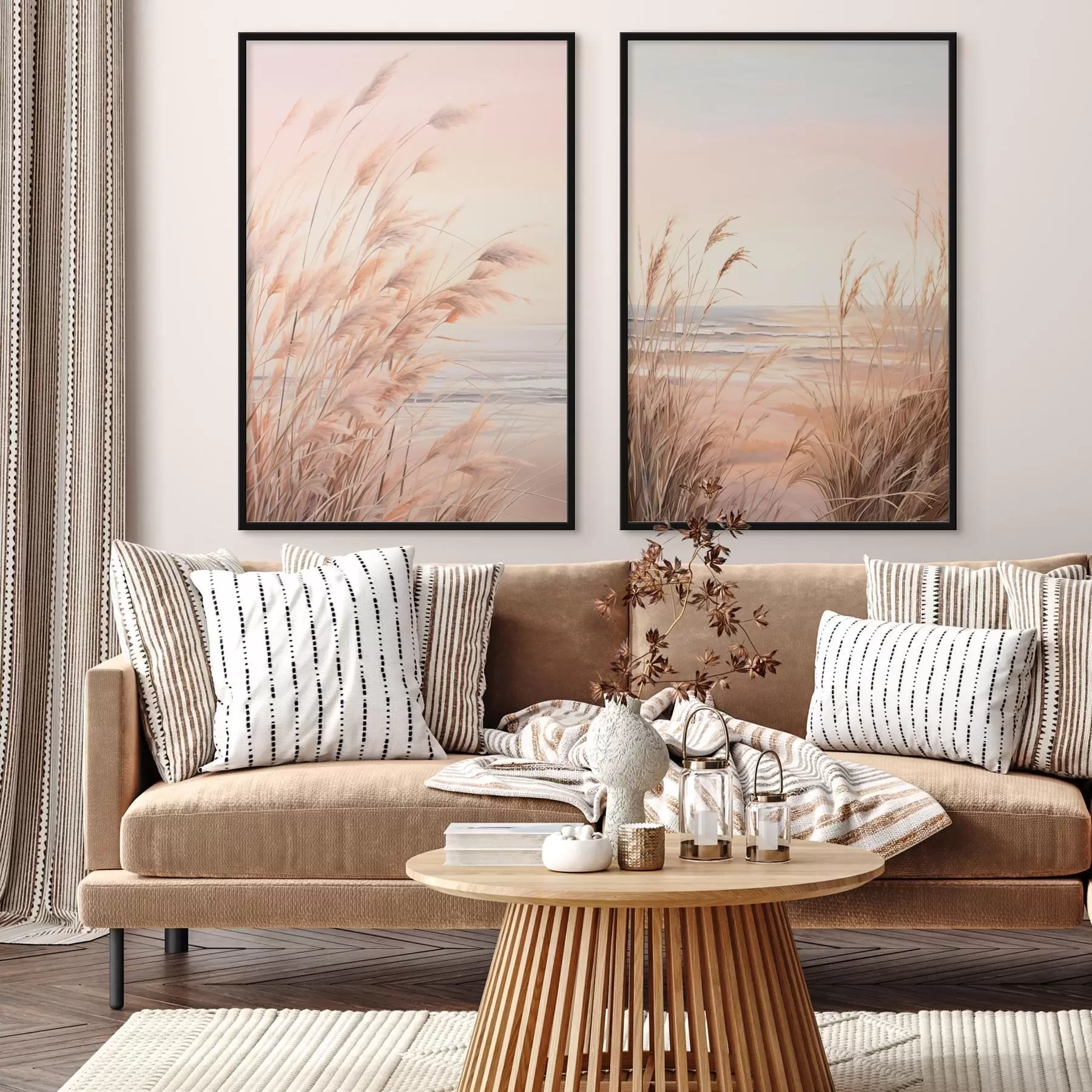 Fototapetes Pampas zāle ar pasteļoranžu krāsu paleti, gaiši rozā debesis, mierīgs ainava d00823