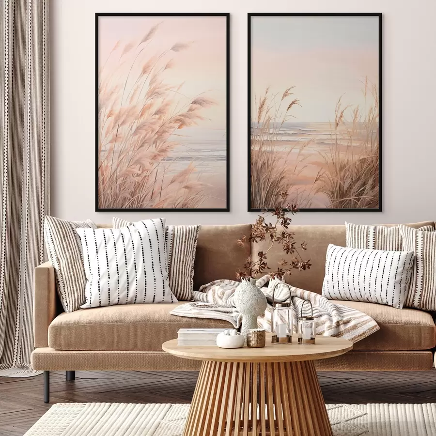 Fototapetes Pampas zāle ar pasteļoranžu krāsu paleti, gaiši rozā debesis, mierīgs ainava d00823