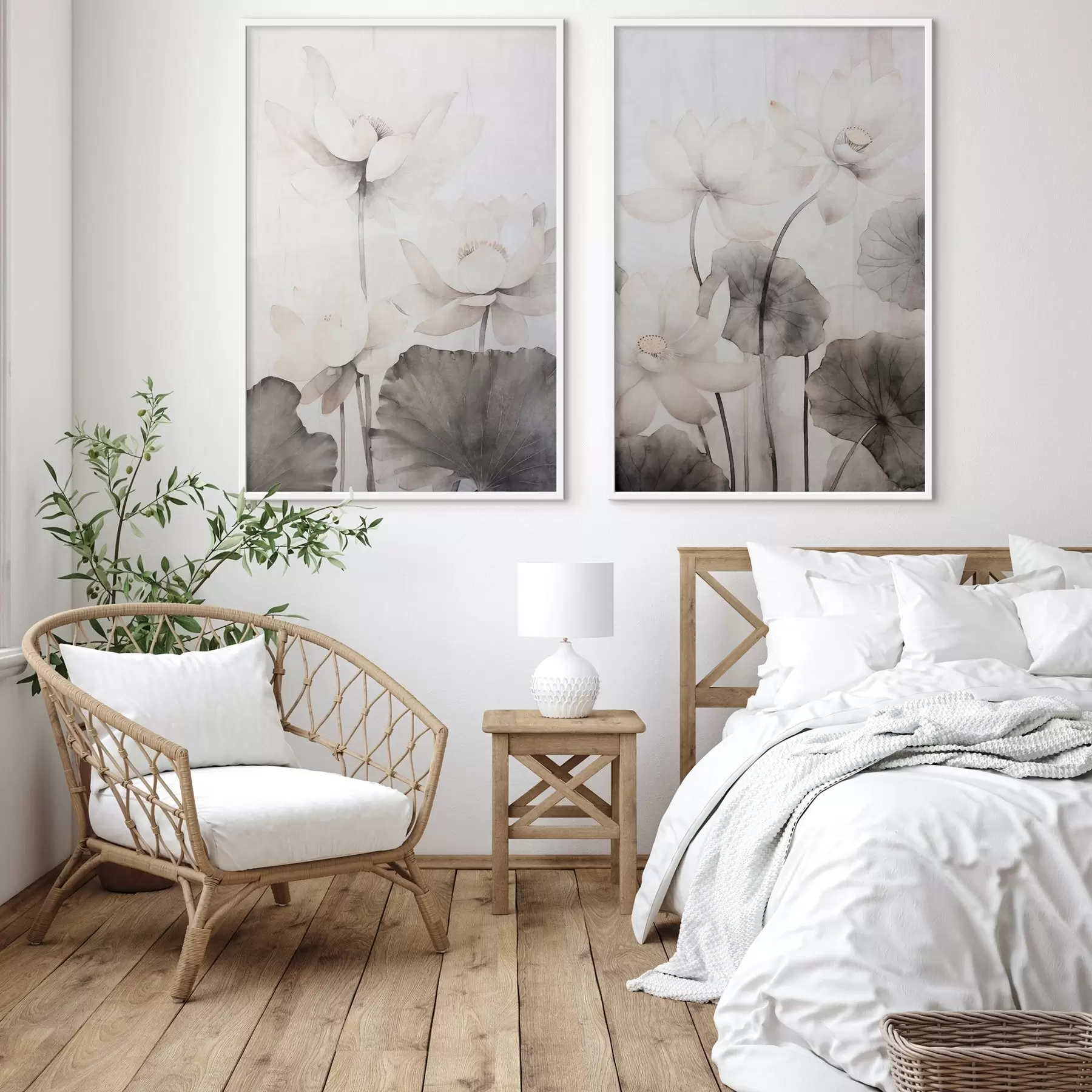 Fototapetes Baltas teksturētas lotosa ziedi ar tumšām lapām, gaišs fons, minimālistisks dizains d00824