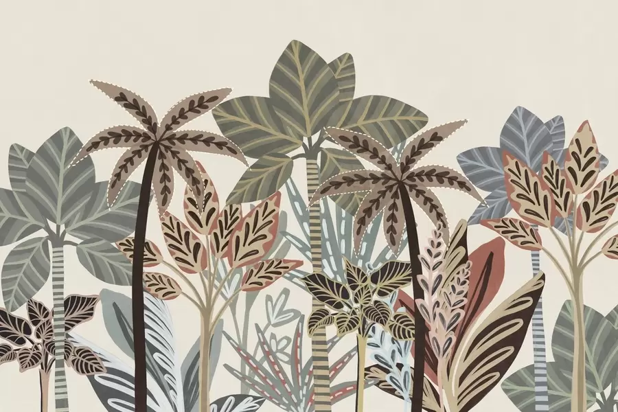 Fototapetes Teksturēti tropu augi un palmas ar klusām krāsām dekoratīvā boho stilā uz krēmkrāsas fona w09639