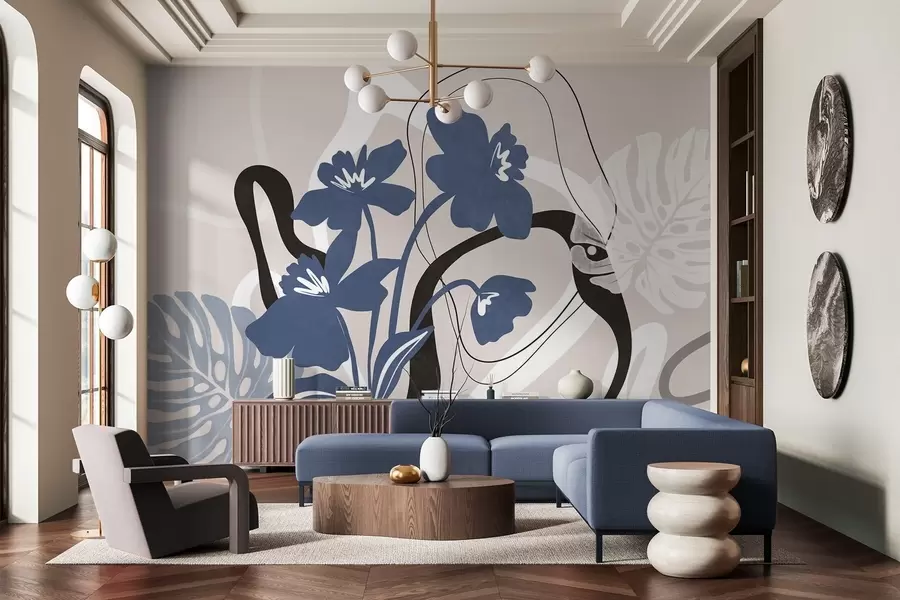 Fototapetes Abstraktas tekstūras zilas puķes ar baltām un melnām formām uz gaiši smilškrāsas fona, minimālisma māksla w09645