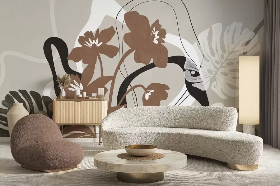 Fototapetes Abstraktas tekstūras brūnas puķes ar baltām un melnām formām uz smilškrāsas fona, minimālisma māksla w09645v1