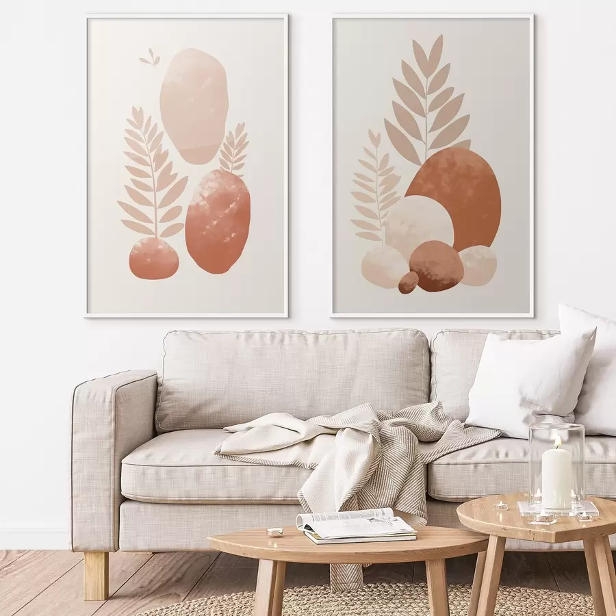 Fototapetes Abstraktas formas, teksturēti akmeņi un lapas klusinātos persiku un terakotas toņos, minimālisma stilā, krēmkrāsas fonā. d01114