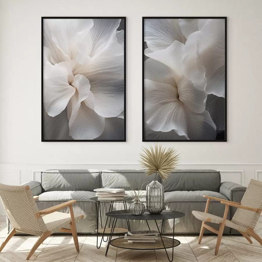 Fototapetes Tuva uzņēmuma delikātiem abstraktiem baltiem ziedlapiem ar sarežģītām līnijām un izplūdušu tumšu fonu d01117