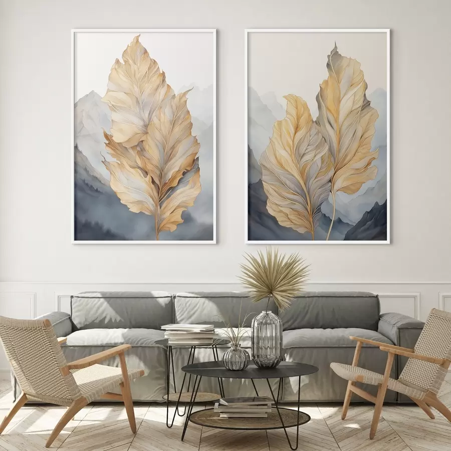 Fototapetes Abstraktas lielas, dzeltenas un brūnas lapas ar sarežģītām detaļām, uz kalnu fona d01119