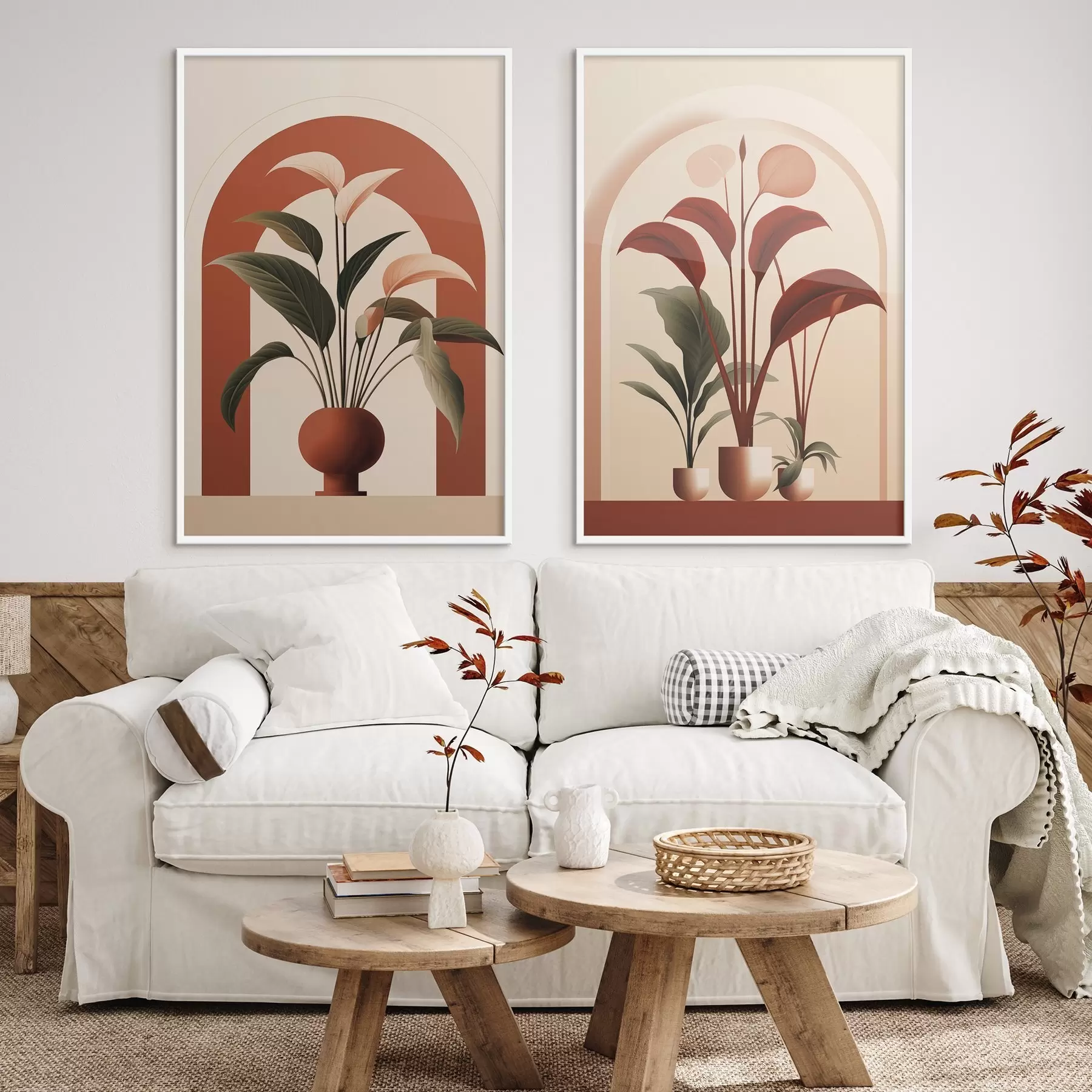 Fototapetes Abstrakti podos augi ar lielām zaļām un sarkanām lapām krēmkrāsas arkas priekšā d01124