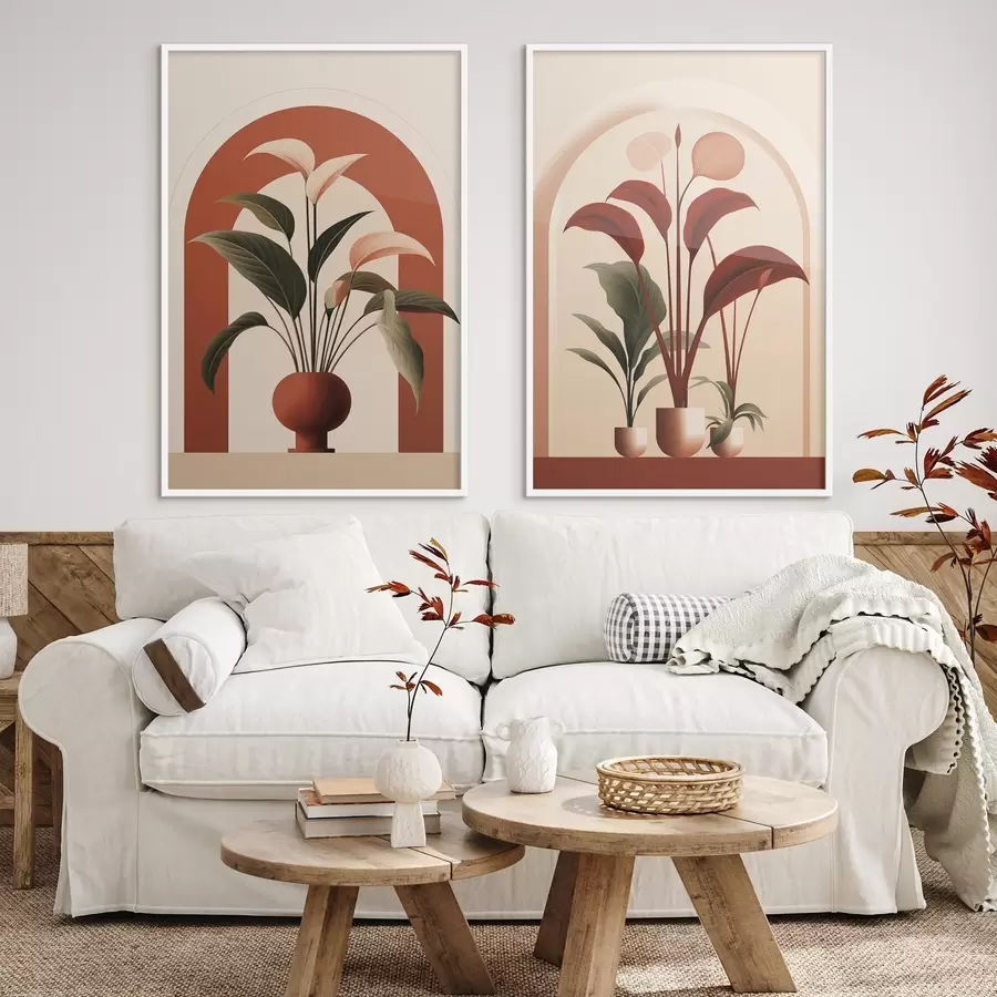 Fototapetes Abstrakti podos augi ar lielām zaļām un sarkanām lapām krēmkrāsas arkas priekšā d01124