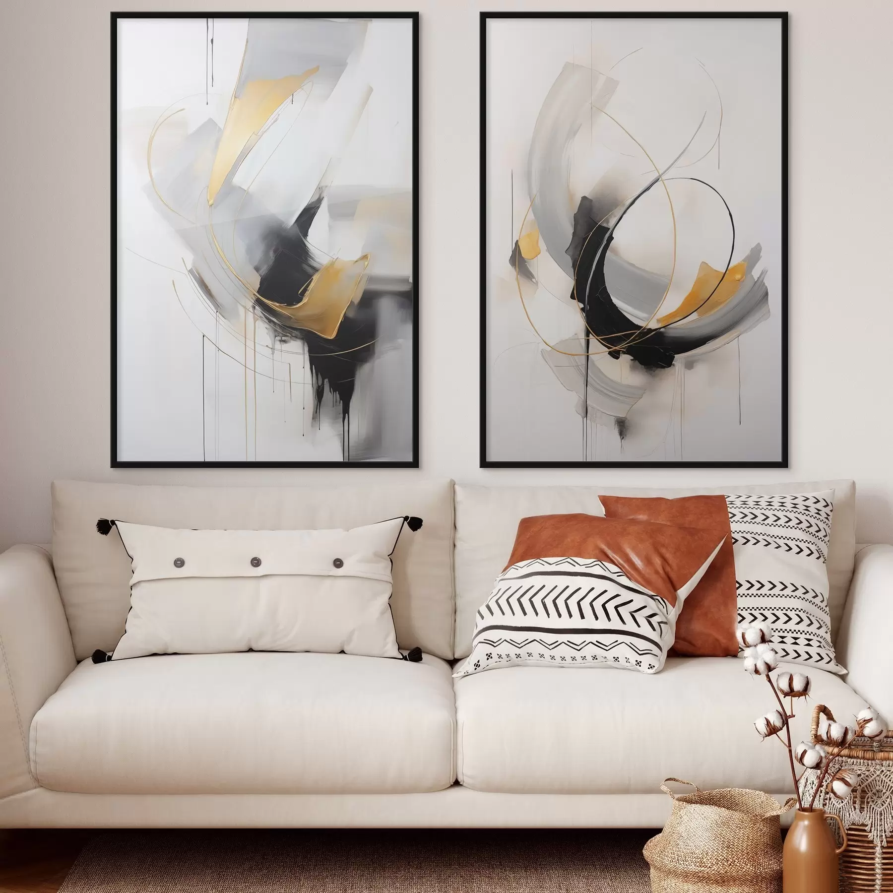 Fototapetes Abstrakta glezna ar dzelteniem, melniem un baltiem otu triepieniem, dinamiskām līnijām d01125